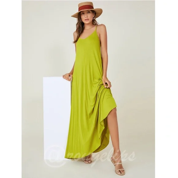 Lime Green Casual Maxi Dress Pockets V-Neck